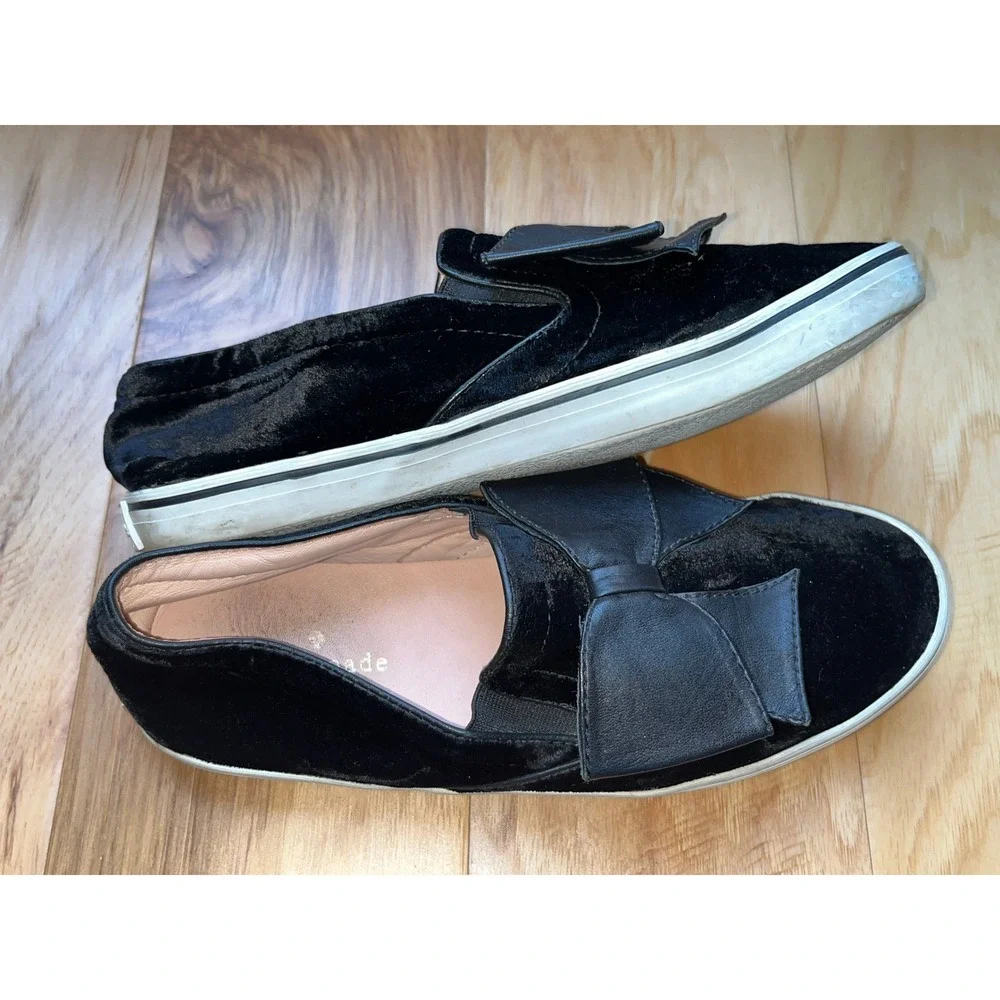 Kate Spade Velvet Bow Sneakers Womens 8 Black Slip On Flat Luxury Designer Luxe